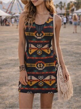 ENTRO Southwestern Geometric Bodycon Mini Dress Sleeveless Mesh Panel Festival S